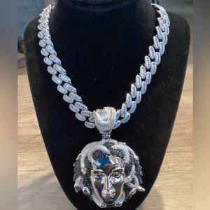 Men CZ Diamond Ice Out Famous Medusa 14K Gold Plated Chain+Pendant 17MM 22Inch